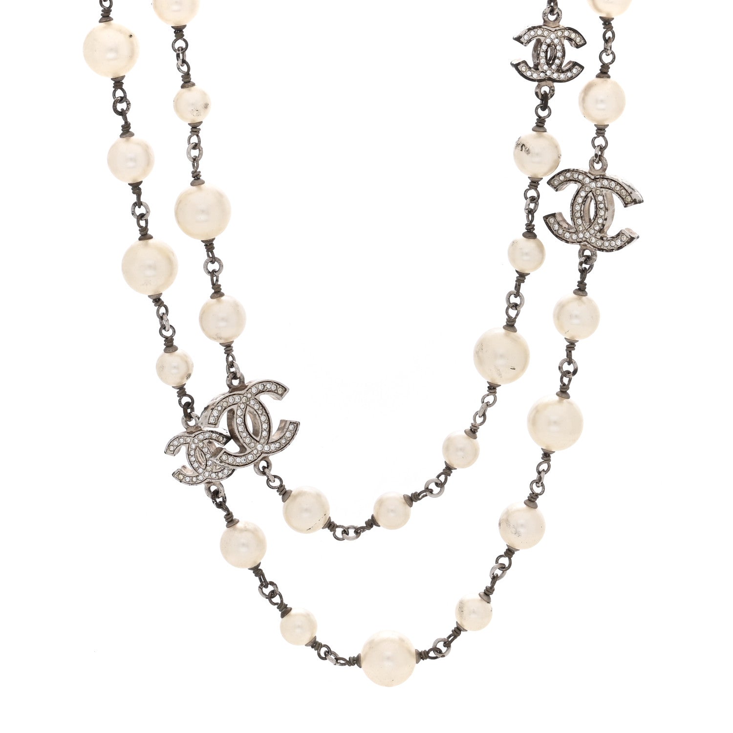 Chanel Graduated Pearl Crystal CC Long Necklace Silver 1 of 4