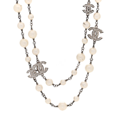 Chanel Graduated Pearl Crystal CC Long Necklace Silver 1 of 4