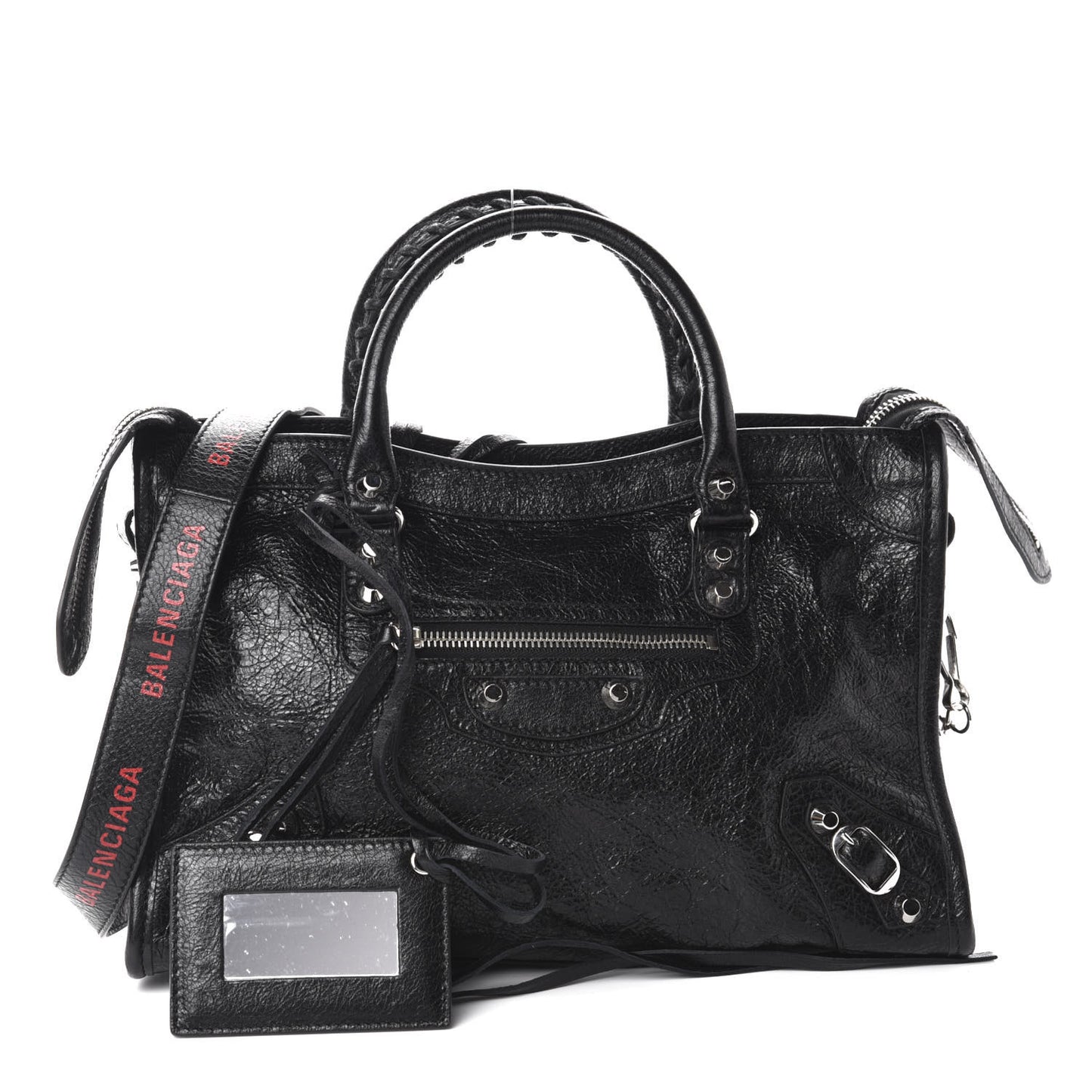 Agneau Classic Silver Hardware S City Logo Strap Black Red