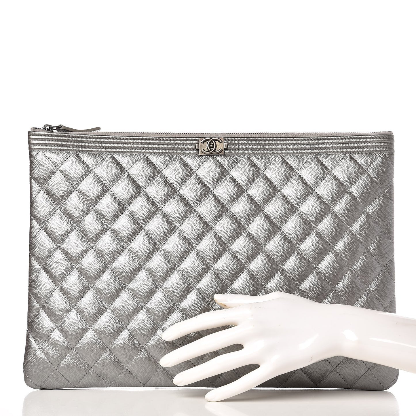 Metallic Caviar Quilted Large Boy Cosmetic Case Silver