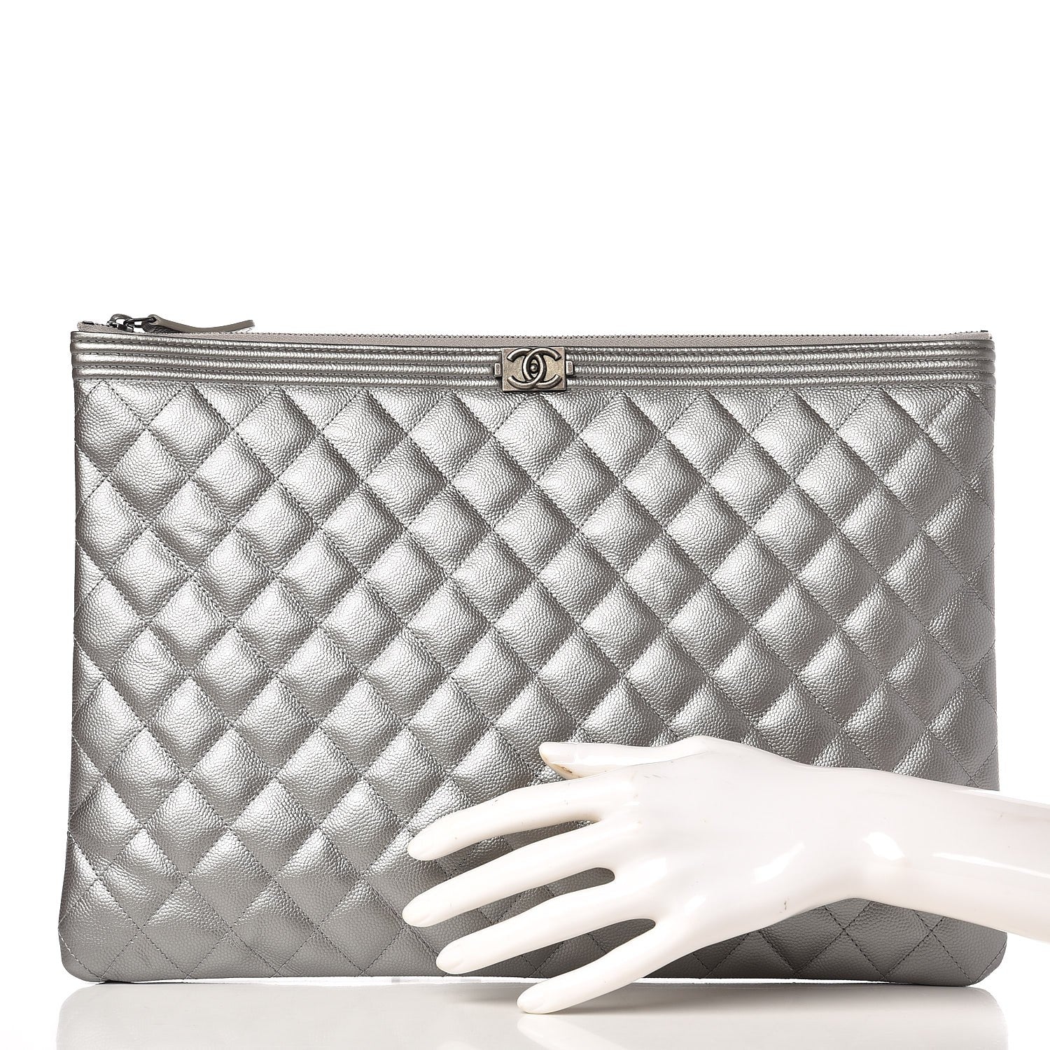 Chanel Metallic Caviar Quilted Large Boy Cosmetic Case Silver 2 of 7