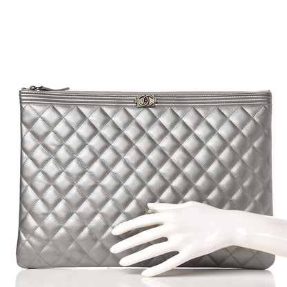 Chanel Metallic Caviar Quilted Large Boy Cosmetic Case Silver 2 of 7