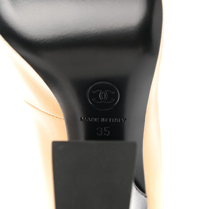 Chanel Shiny Goatskin Pearls Cap Toe Open Slingback Pumps 35 Beige Black 6 of 9