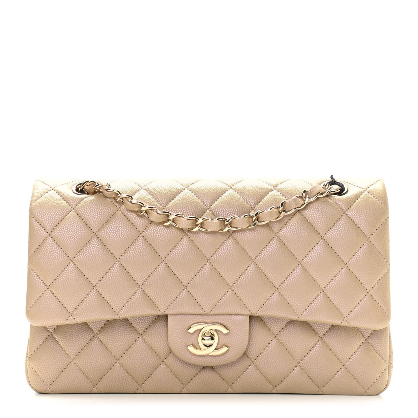 Iridescent Caviar Quilted Medium Double Flap Dark Beige