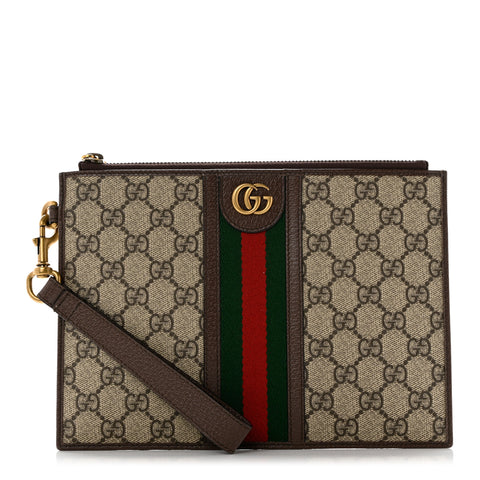 GG Supreme Monogram Web Ophidia Wristlet Pouch Brown