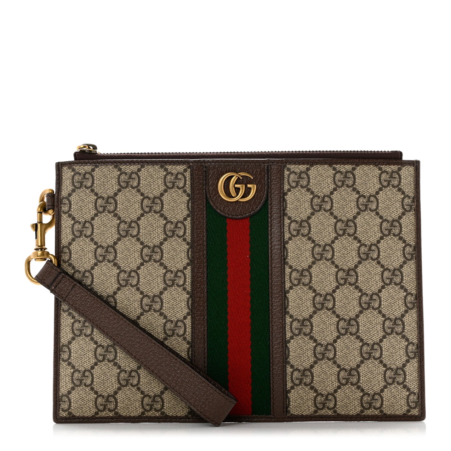 GG Supreme Monogram Web Ophidia Wristlet Pouch Brown