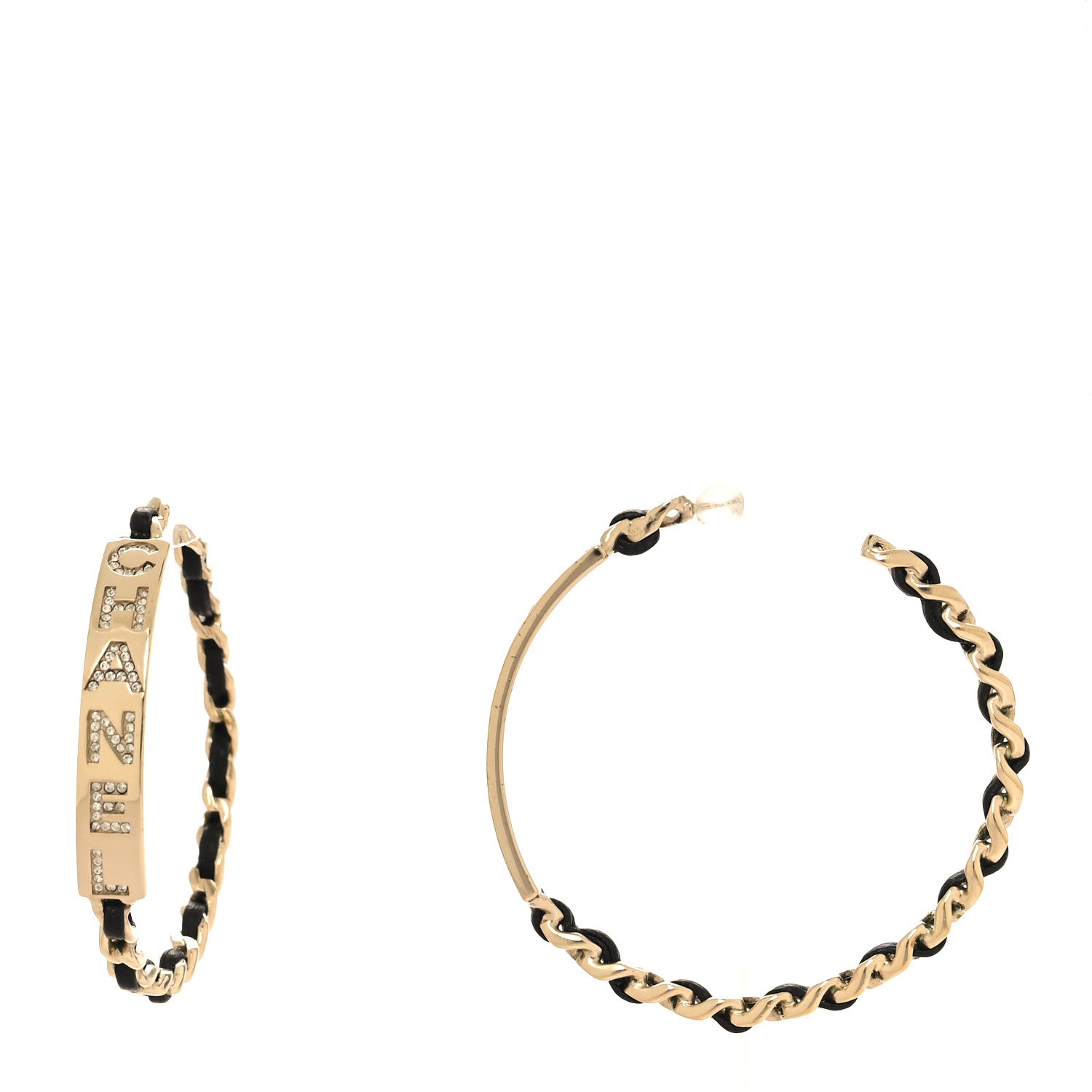 Chanel Metal Lambskin CC Crystal Chain Hoop Earrings Gold Black 1 of 4