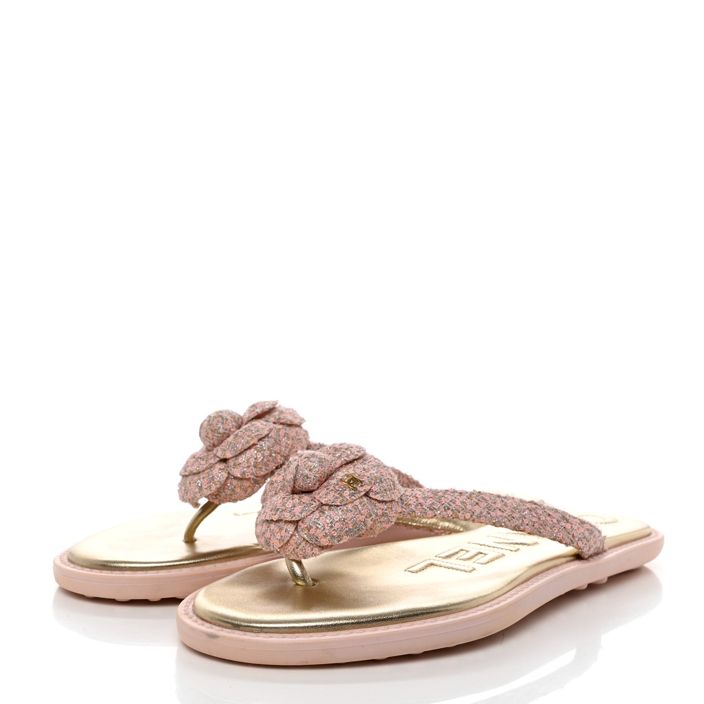 Tweed Camellia Thong Sandals 37.5 Salmon Apricot Gold