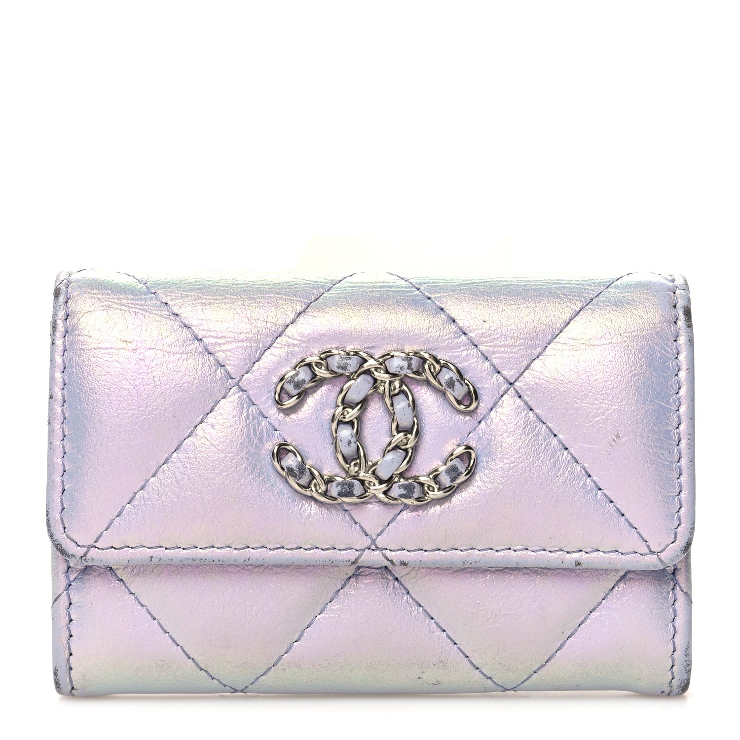 Chanel Iridescent Calfskin Quilted Chanel 19 Flap Card Holder Light Purple 1 of 14