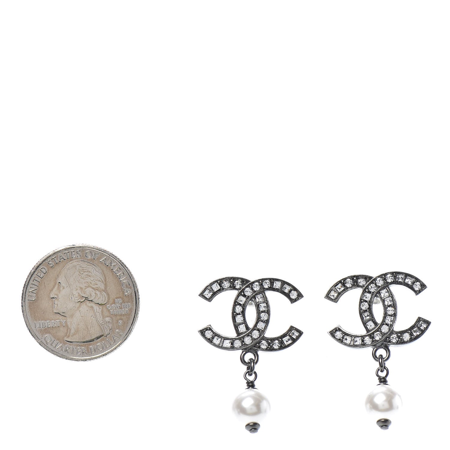 Chanel Baguette Crystal Pearl CC Drop Earrings Ruthenium 2 of 4