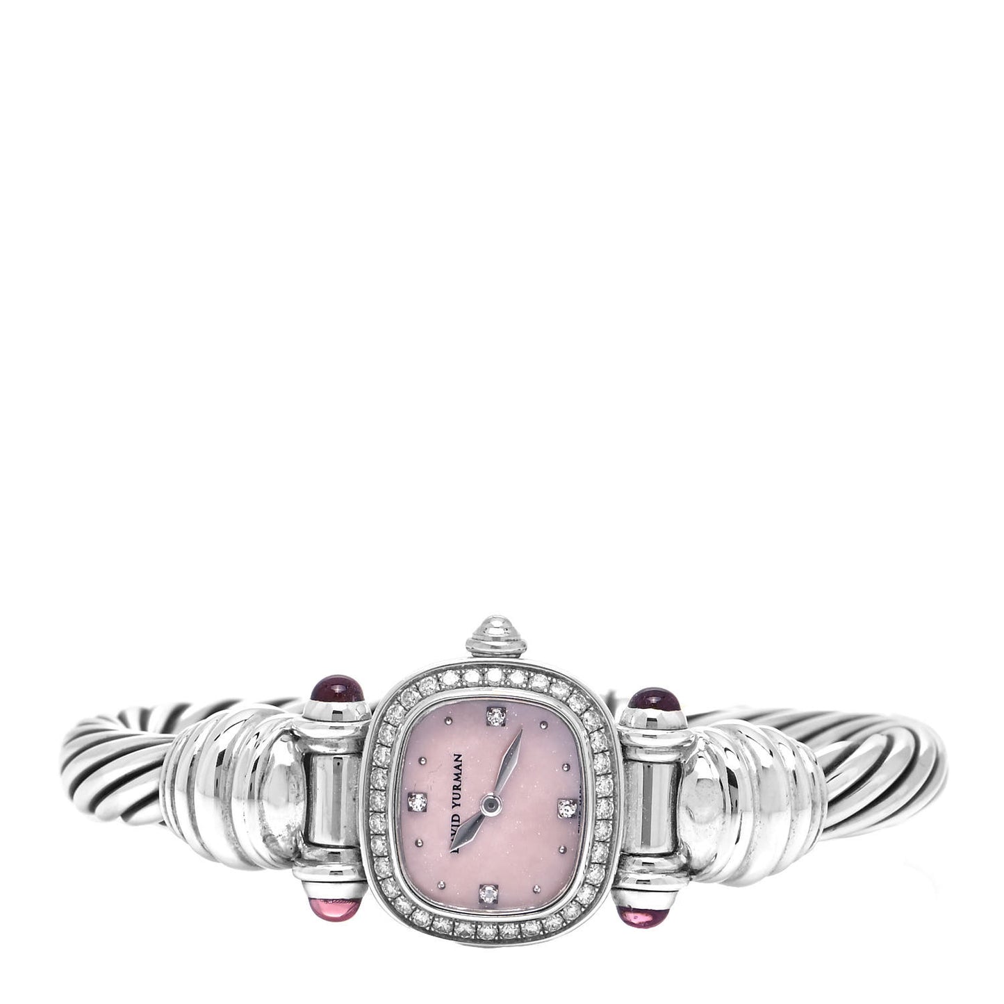 Sterling Silver Diamond Bezel Pink Mother of Pearl Pink Tourmaline 21mm Classic Cable Quartz Watch