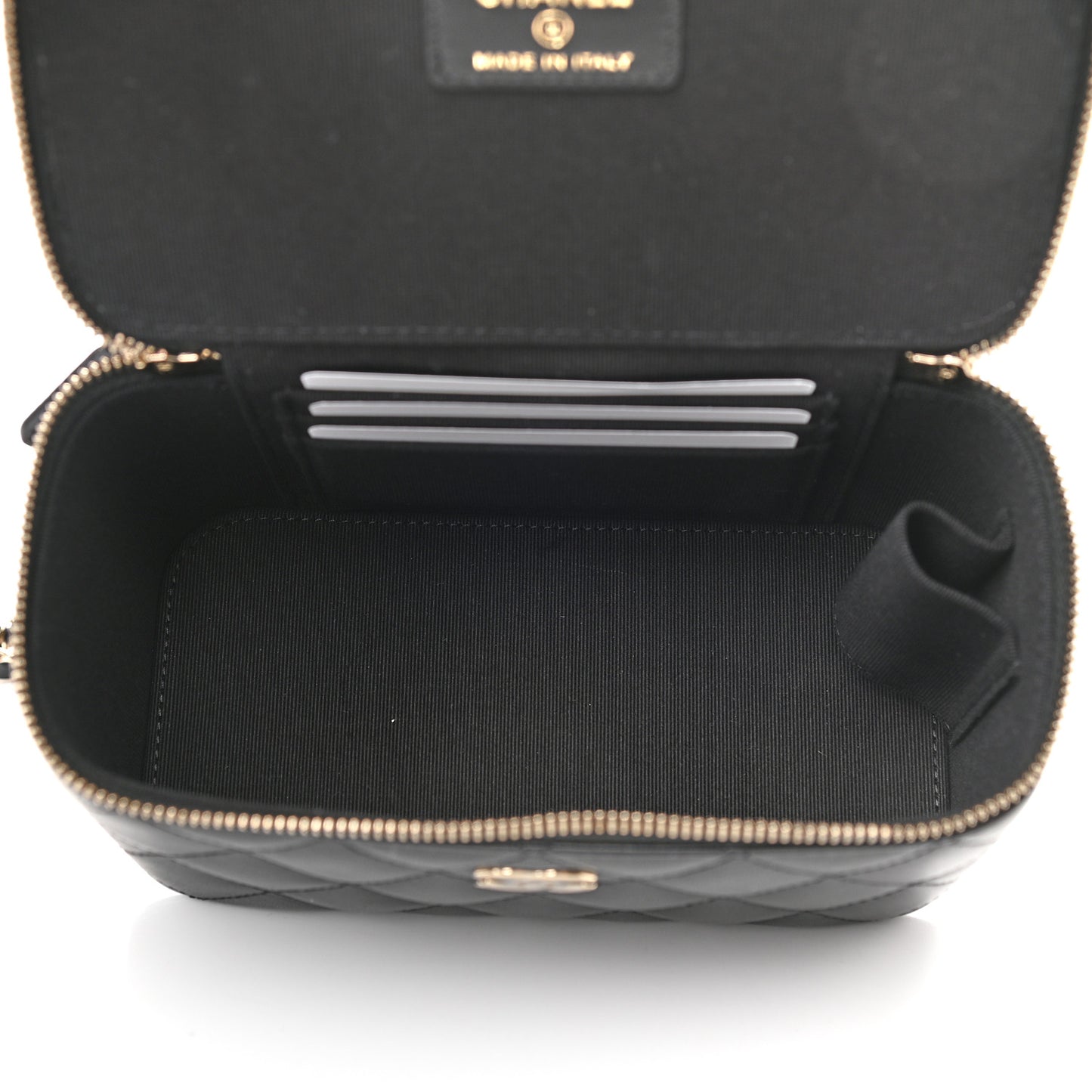Lambskin Quilted Small Top Handle Vanity Case With Chain Black