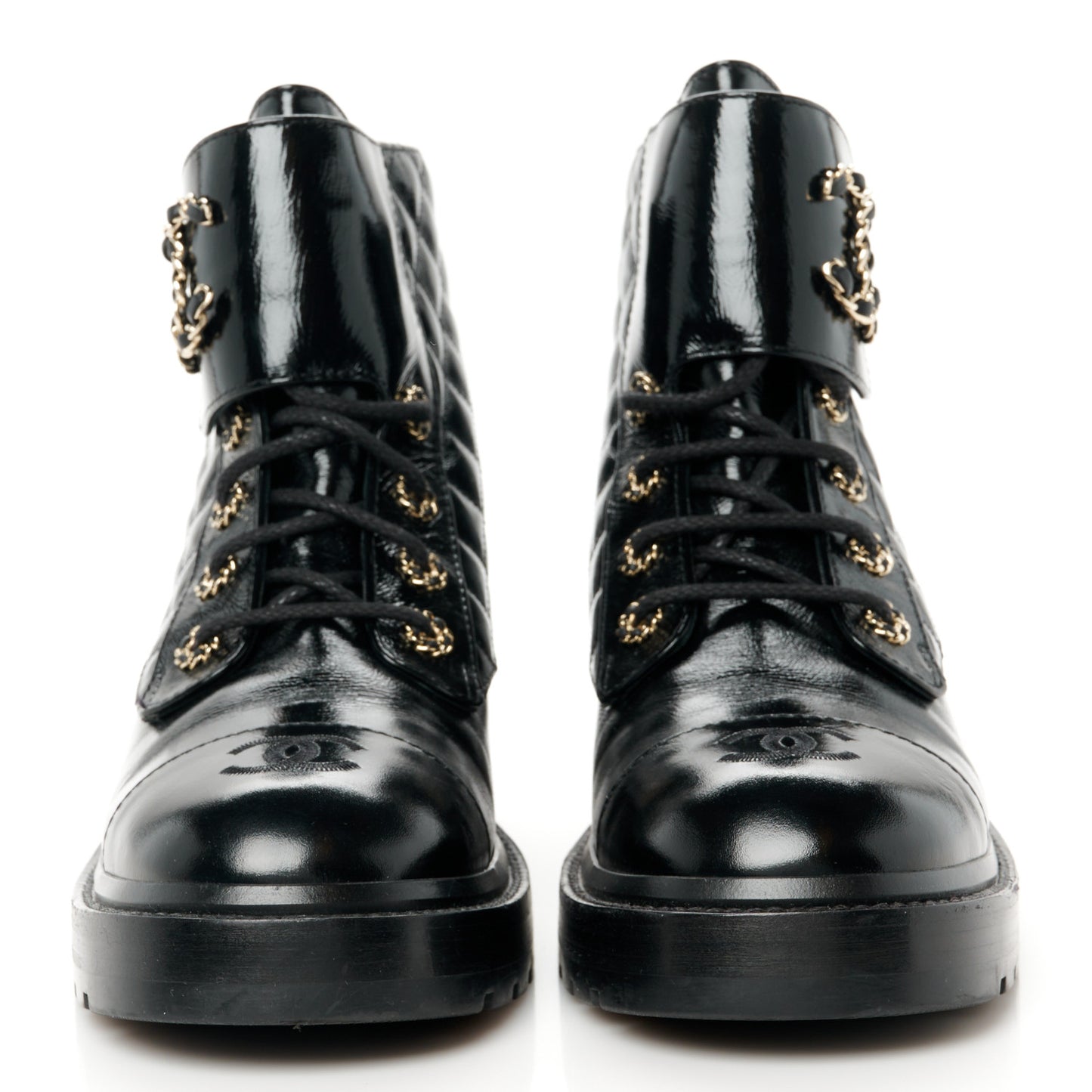 Shiny Lambskin Quilted Lace Up Combat Boots 40 Black