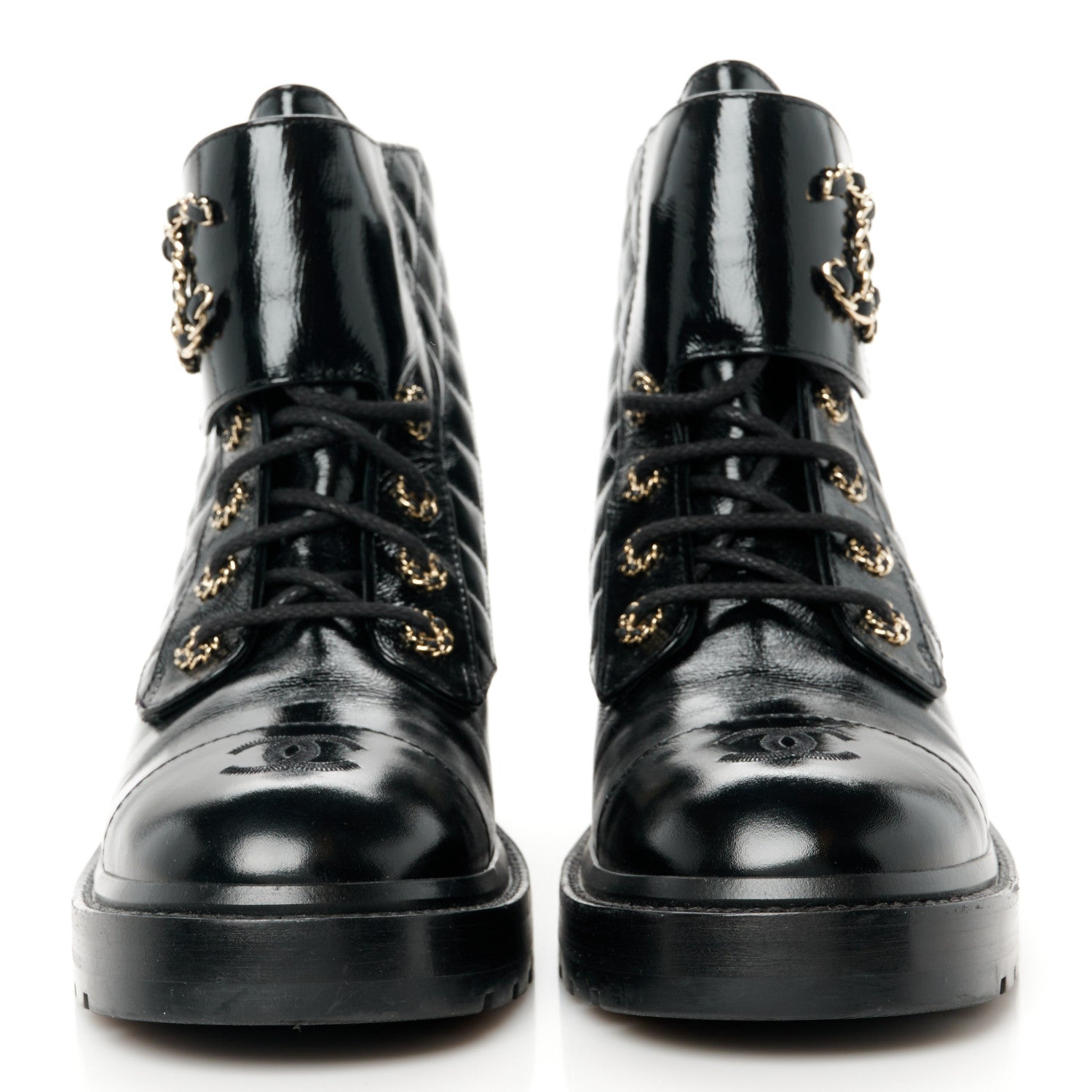Chanel Shiny Lambskin Quilted Lace Up Combat Boots 40 Black 2 of 10