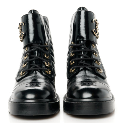 Chanel Shiny Lambskin Quilted Lace Up Combat Boots 40 Black 2 of 10
