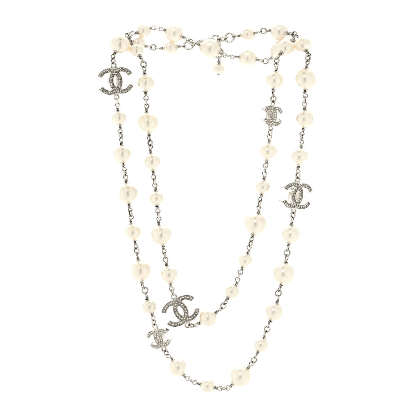 Graduated Pearl Crystal CC Long Necklace Silver