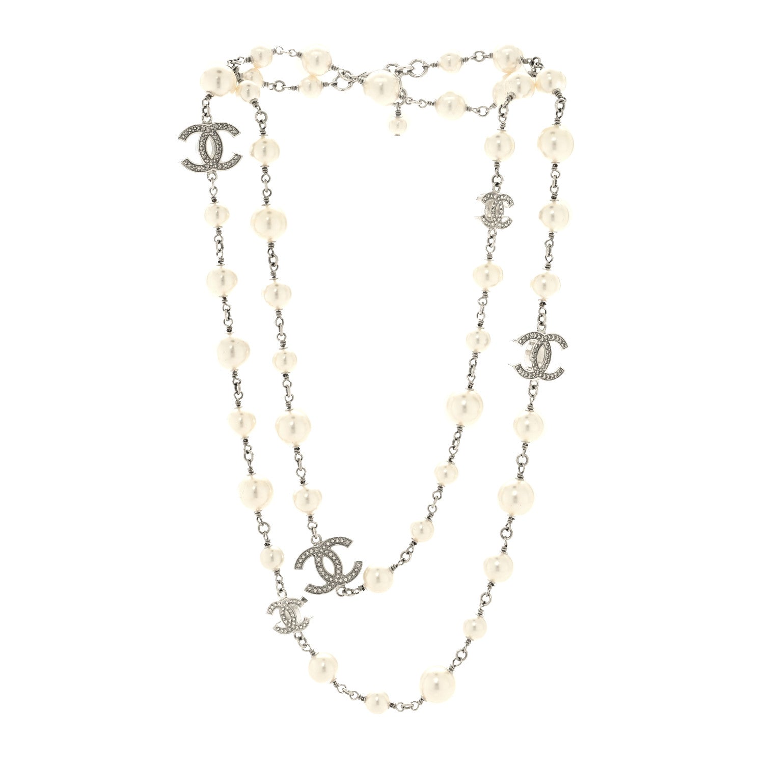 Chanel Graduated Pearl Crystal CC Long Necklace Silver 3 of 6
