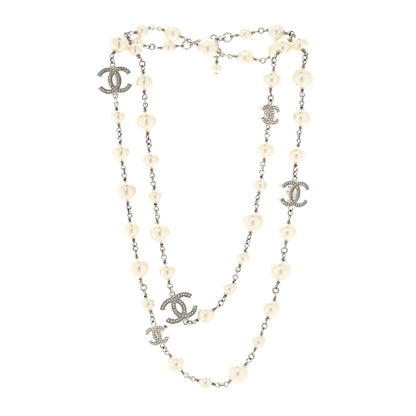 Chanel Graduated Pearl Crystal CC Long Necklace Silver 3 of 6