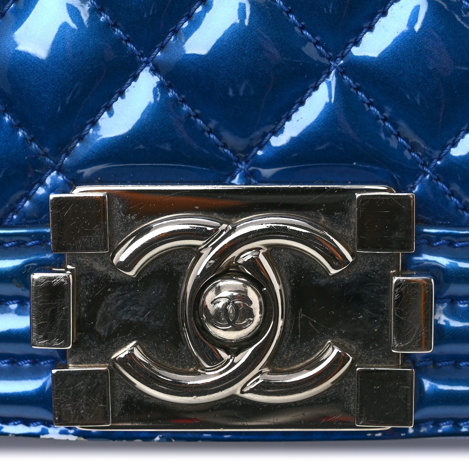 Chanel Metallic Patent Quilted Medium Boy Flap Blue 12 of 15