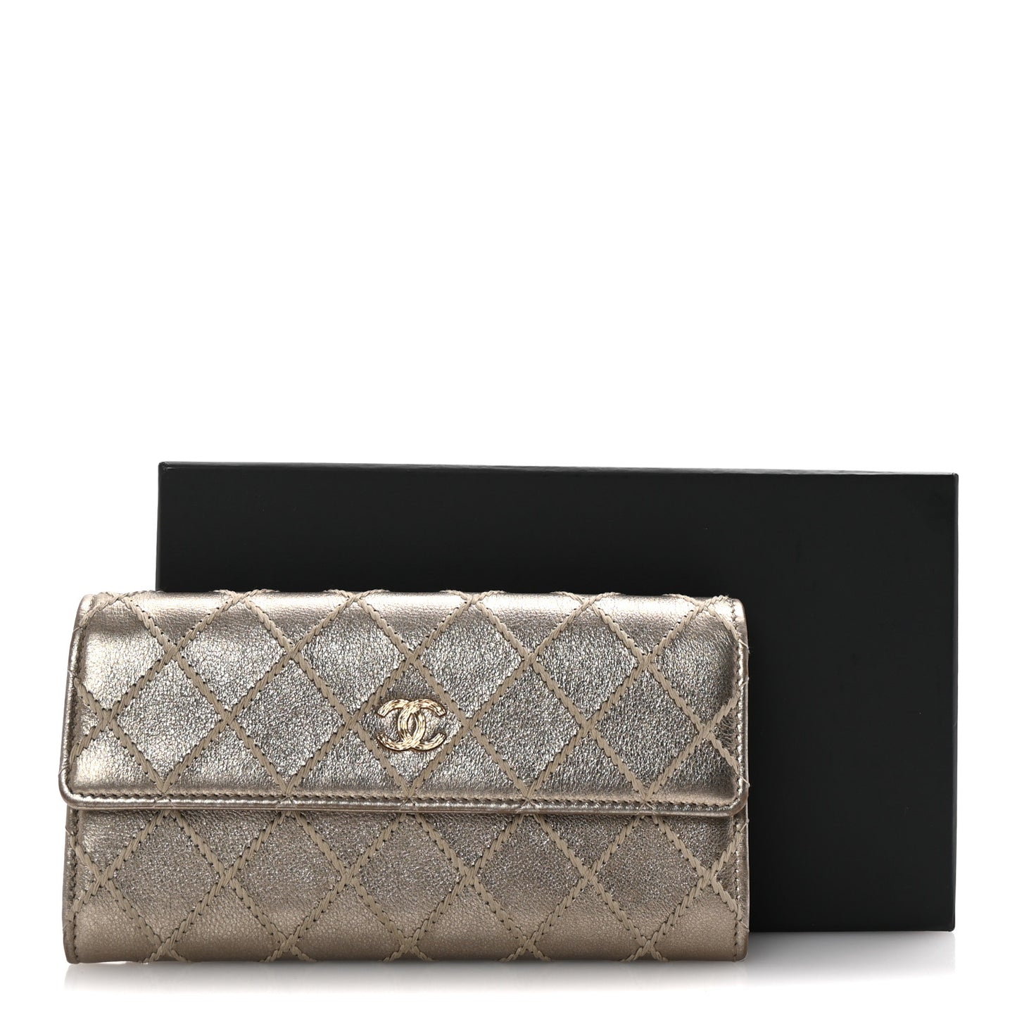 Metallic Lambskin Quilted Stitch Large Gusset Flap Wallet Gold