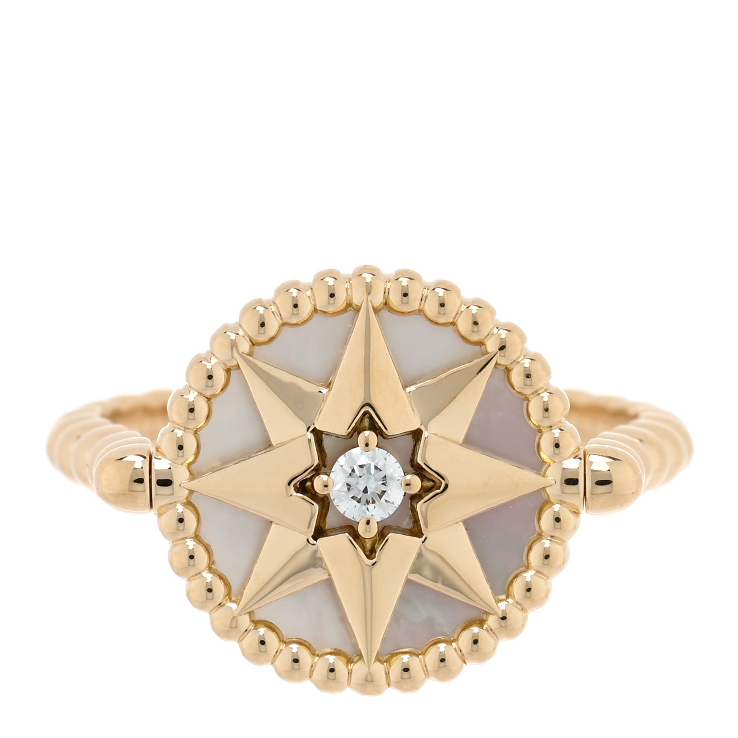 Christian Dior 18K Yellow Gold Diamond Mother of Pearl Rose Des Vents Ring 51 5.75 1 of 4