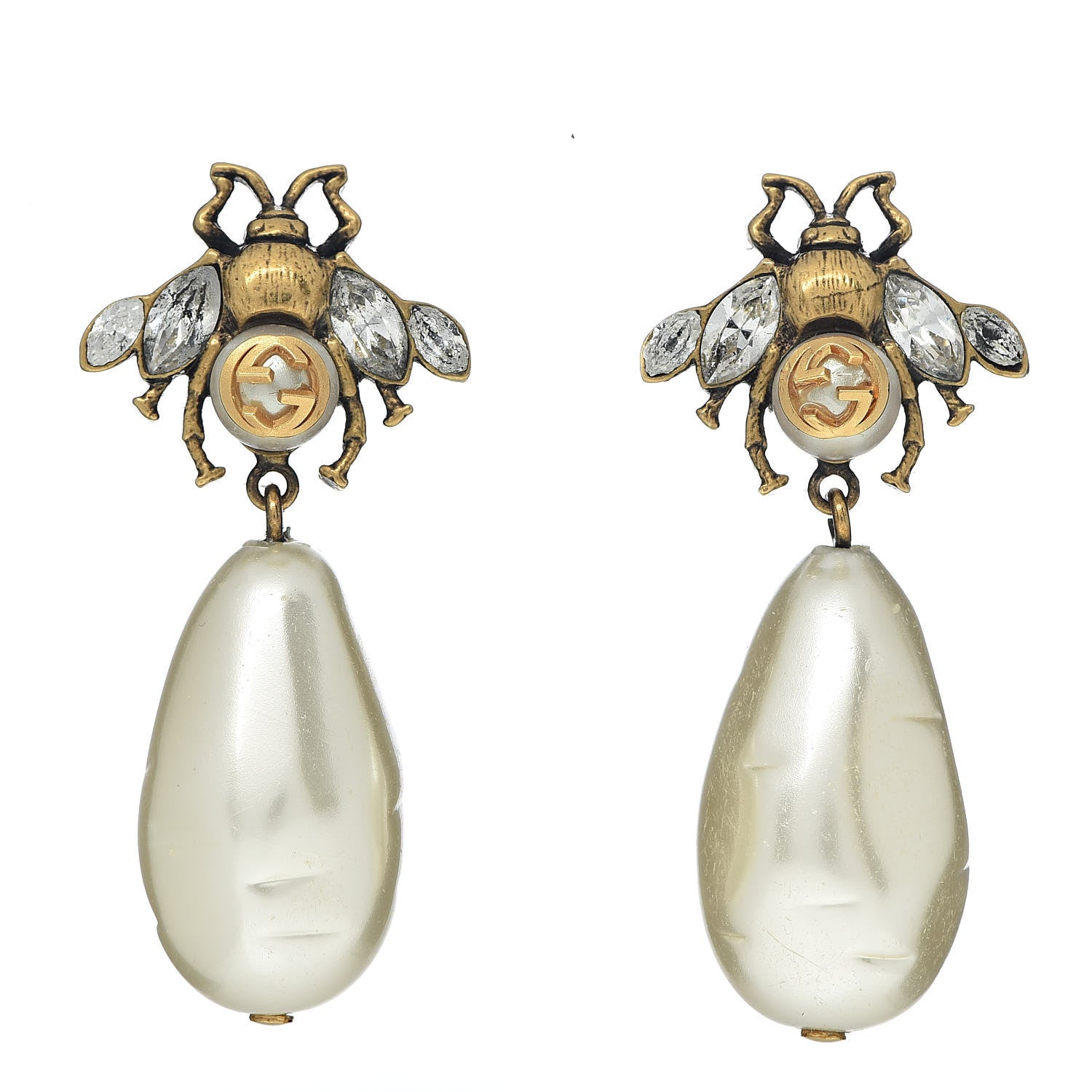 Gucci Crystal Pearl Drop Bee Earrings Gold 1 of 4