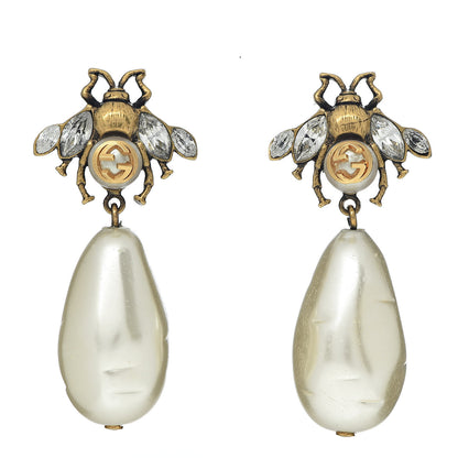 Gucci Crystal Pearl Drop Bee Earrings Gold 1 of 4