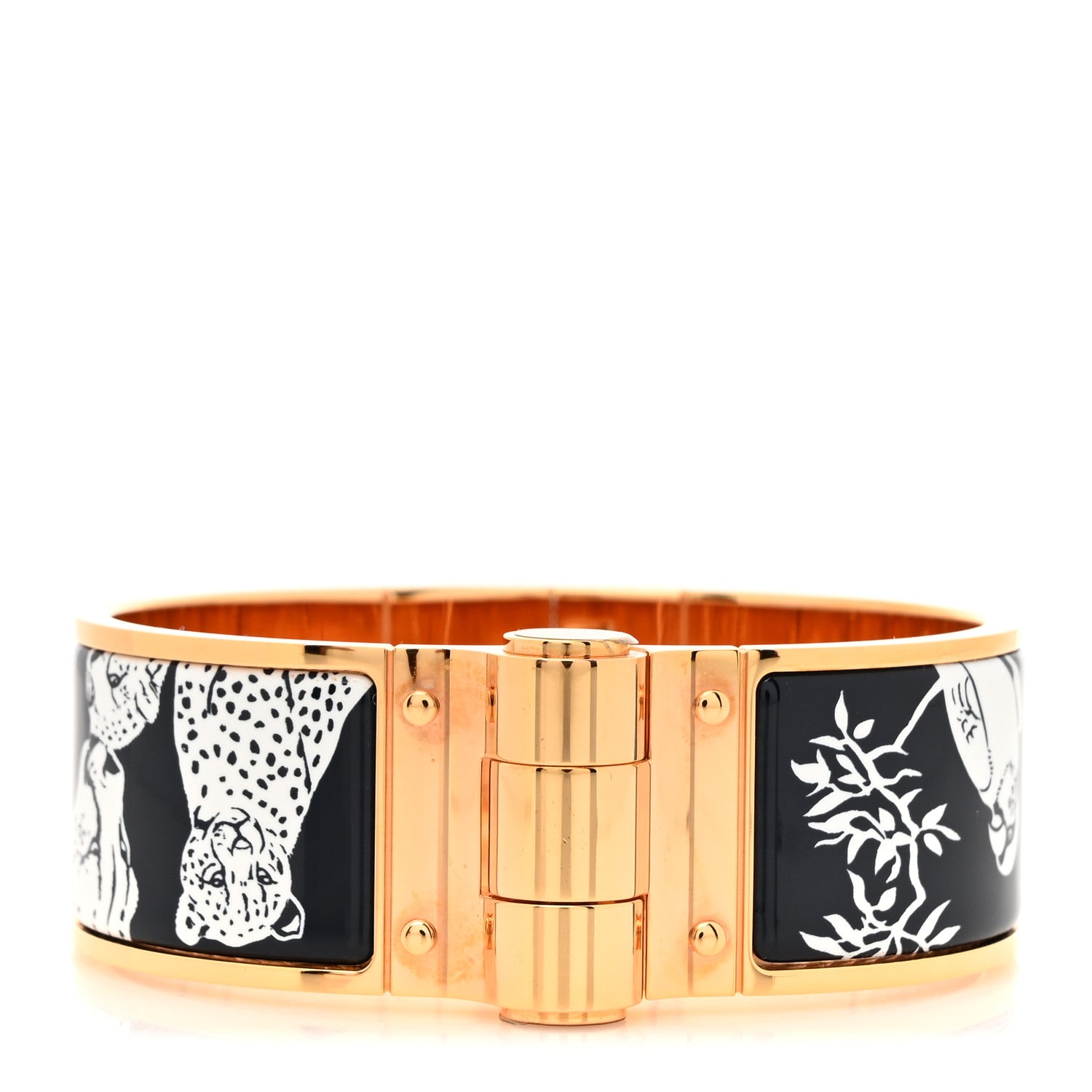 Hermes Enamel Printed Wide Charniere Tendresse Feline Tattoo Hinged Bracelet S Positif Negatif 1 of 5