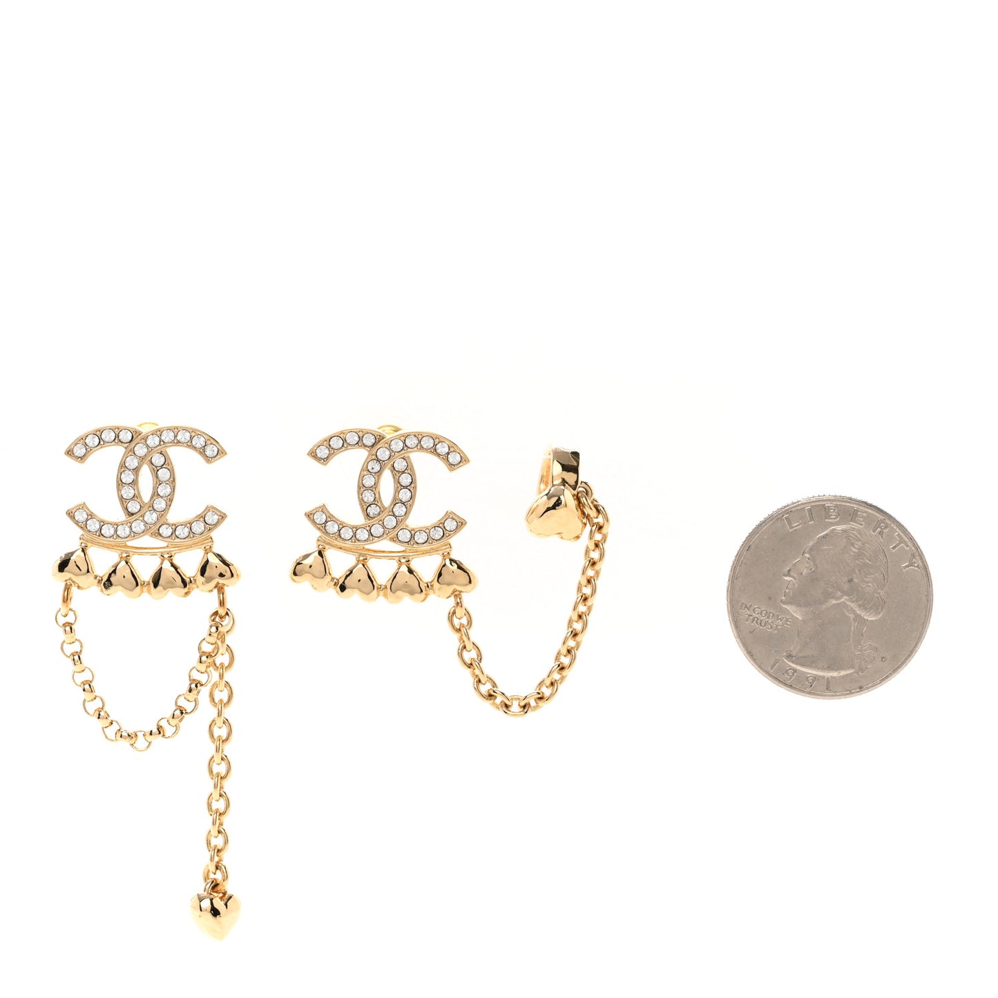 Metal Crystal CC Drop Heart Link Earrings Gold