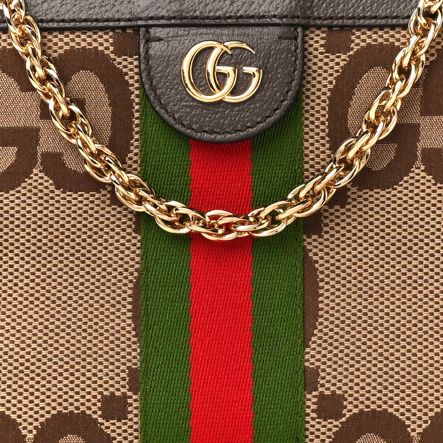 Gucci Monogram Jumbo GG Textured Dollar Calfskin Web Small Ophidia Chain Shoulder Bag Camel Ebony New Acero 9 of 13