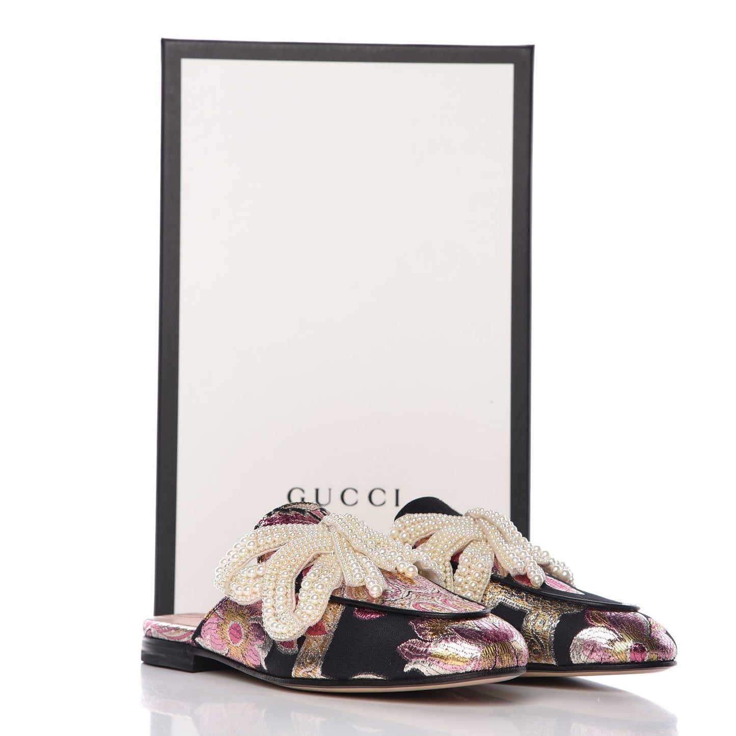 Iridescent Brocade Pearl Bow Womens Princetown Slippers 35.5 Black Pink