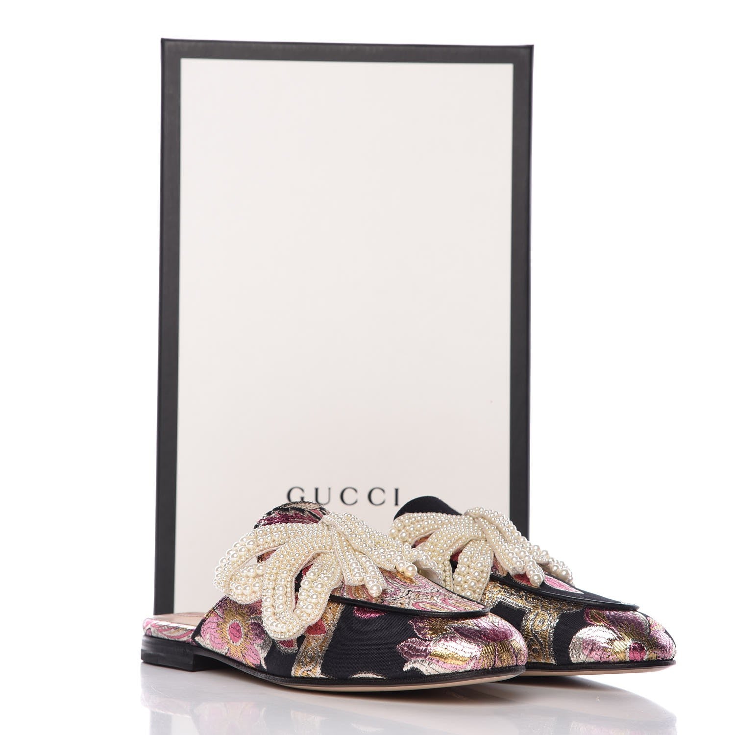 Gucci Iridescent Brocade Pearl Bow Womens Princetown Slippers 35.5 Black Pink 9 of 9