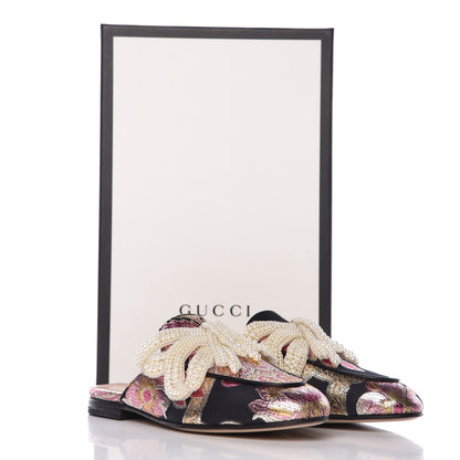 Gucci Iridescent Brocade Pearl Bow Womens Princetown Slippers 35.5 Black Pink 9 of 9
