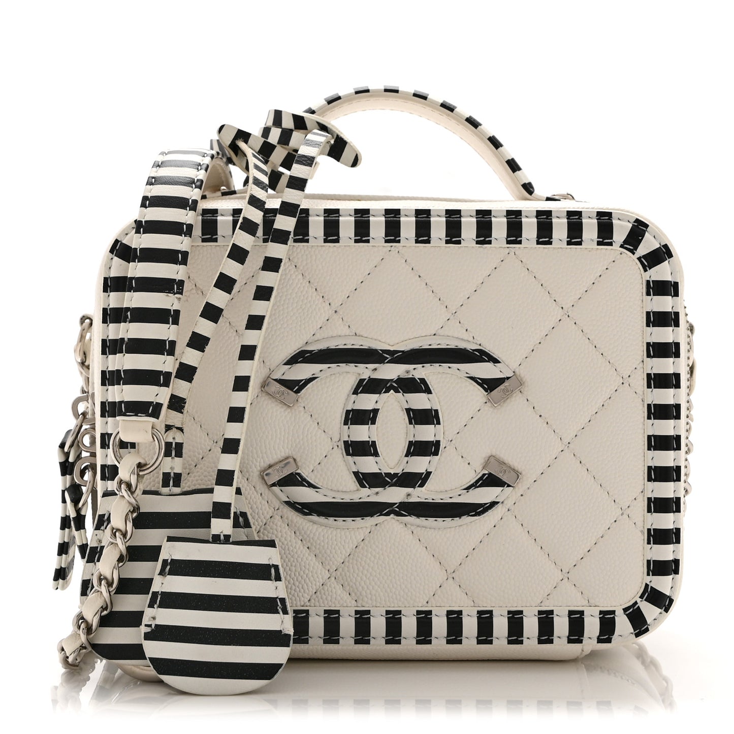 Caviar Quilted Striped Small CC Filigree Vanity Case White Black