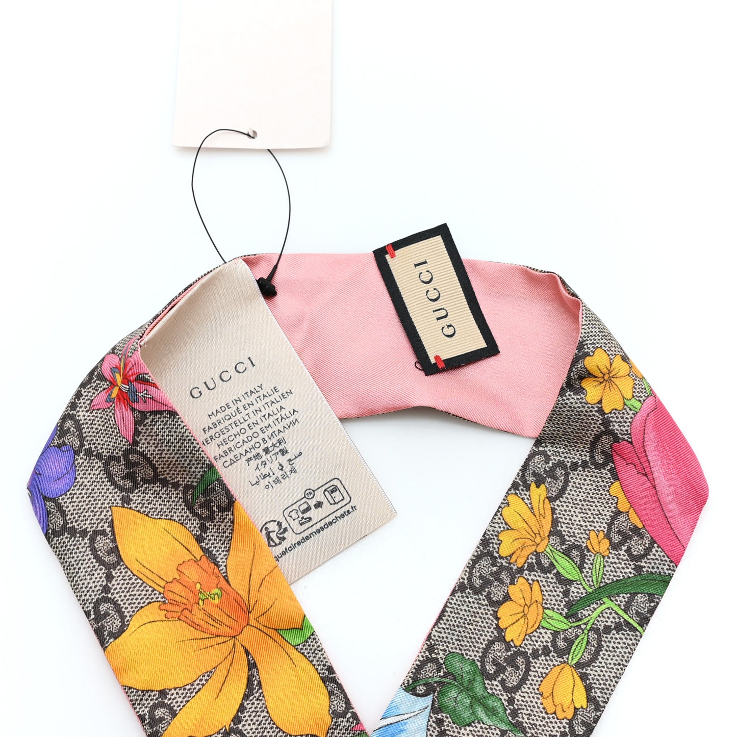 Silk Twill GG Monogram Special Flory Neck Bow Scarf Beige Pink