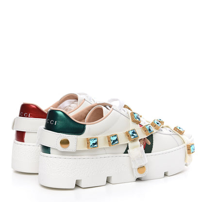 Gucci Calfskin Removable Crystals Bee Embroidered Womens Ace Platform Sneakers 37 White 4 of 8