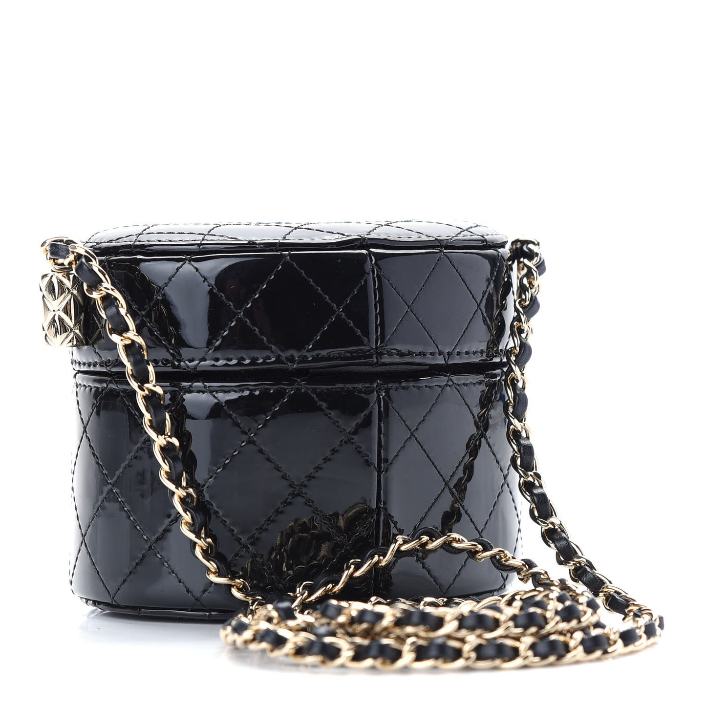 Patent Quilted Round Small Vanity With Chain Black