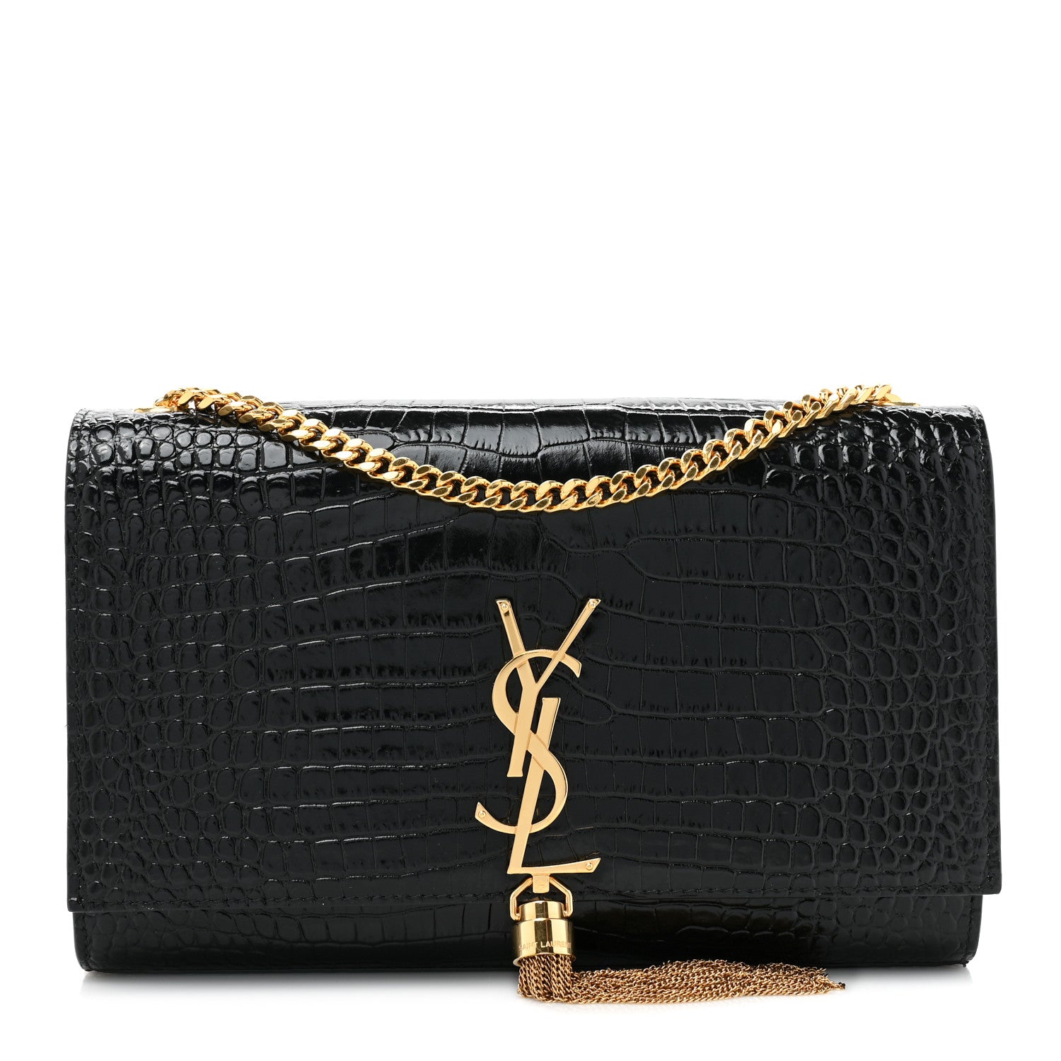 Saint Laurent Calfskin Crocodile Embossed Medium Classic Monogram Kate Tassel Satchel Black 1 of 12