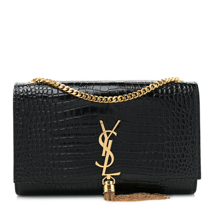 Saint Laurent Calfskin Crocodile Embossed Medium Classic Monogram Kate Tassel Satchel Black 1 of 12