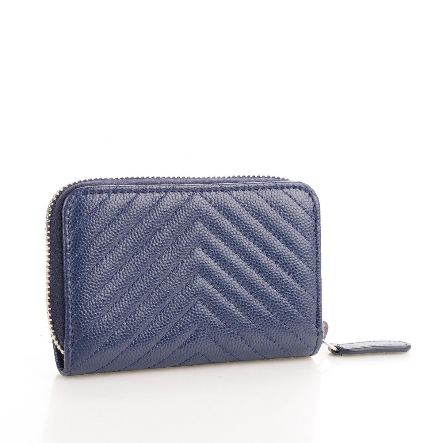 Caviar Chevron Quilted Zip Around Coin Purse Navy Blue