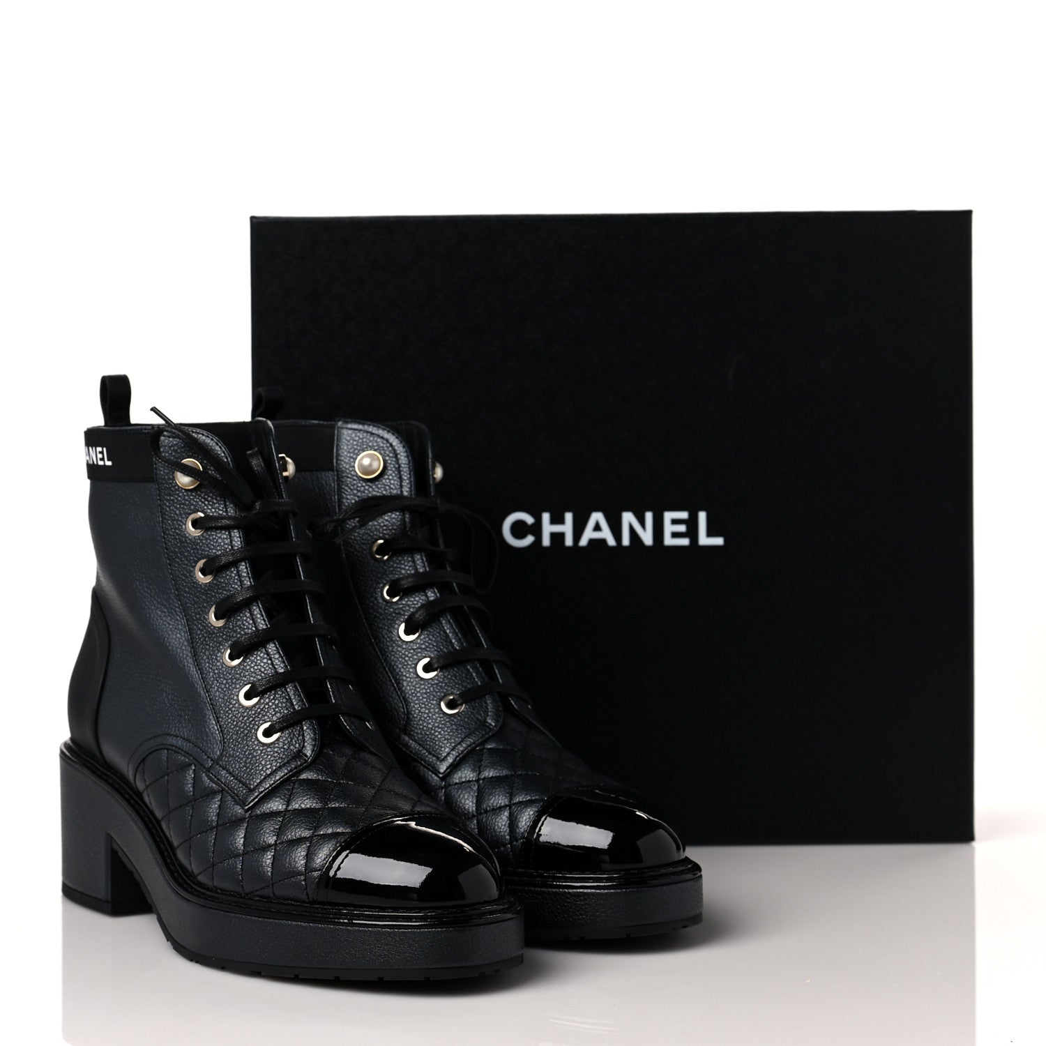Chanel Pearly Calfskin Patent Calfskin Lace Up Combat Boots 39.5 Black 8 of 8
