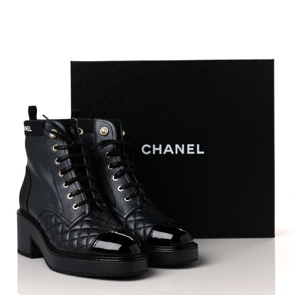 Chanel Pearly Calfskin Patent Calfskin Lace Up Combat Boots 39.5 Black 8 of 8