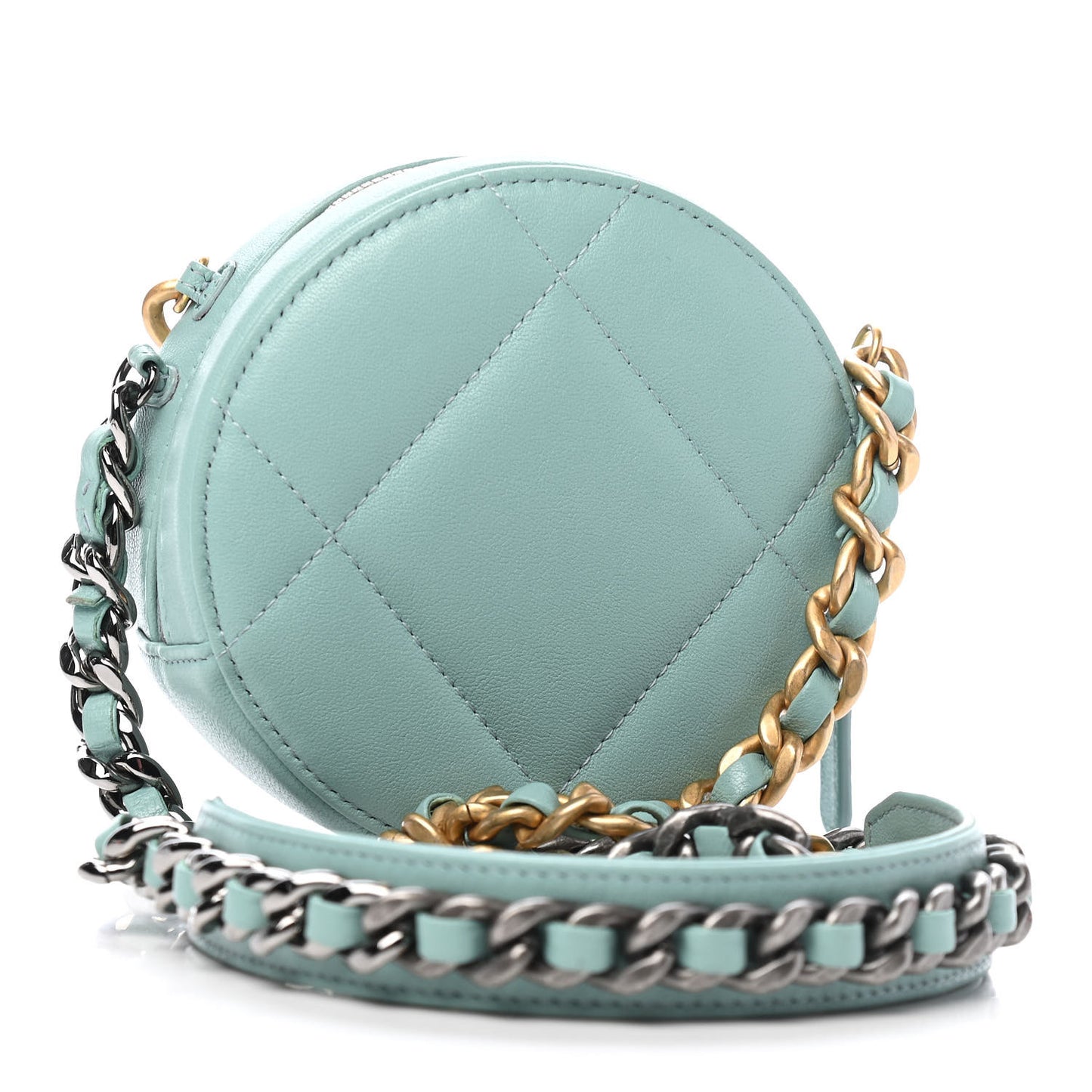 Goatskin Quilted Chanel 19 Round Clutch With Chain Light Blue
