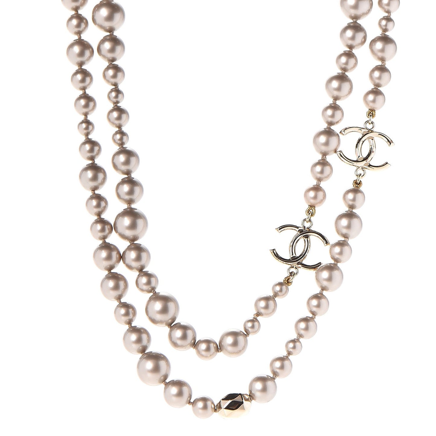 Resin Pearl CC Long Necklace in Golden Pearly Beige