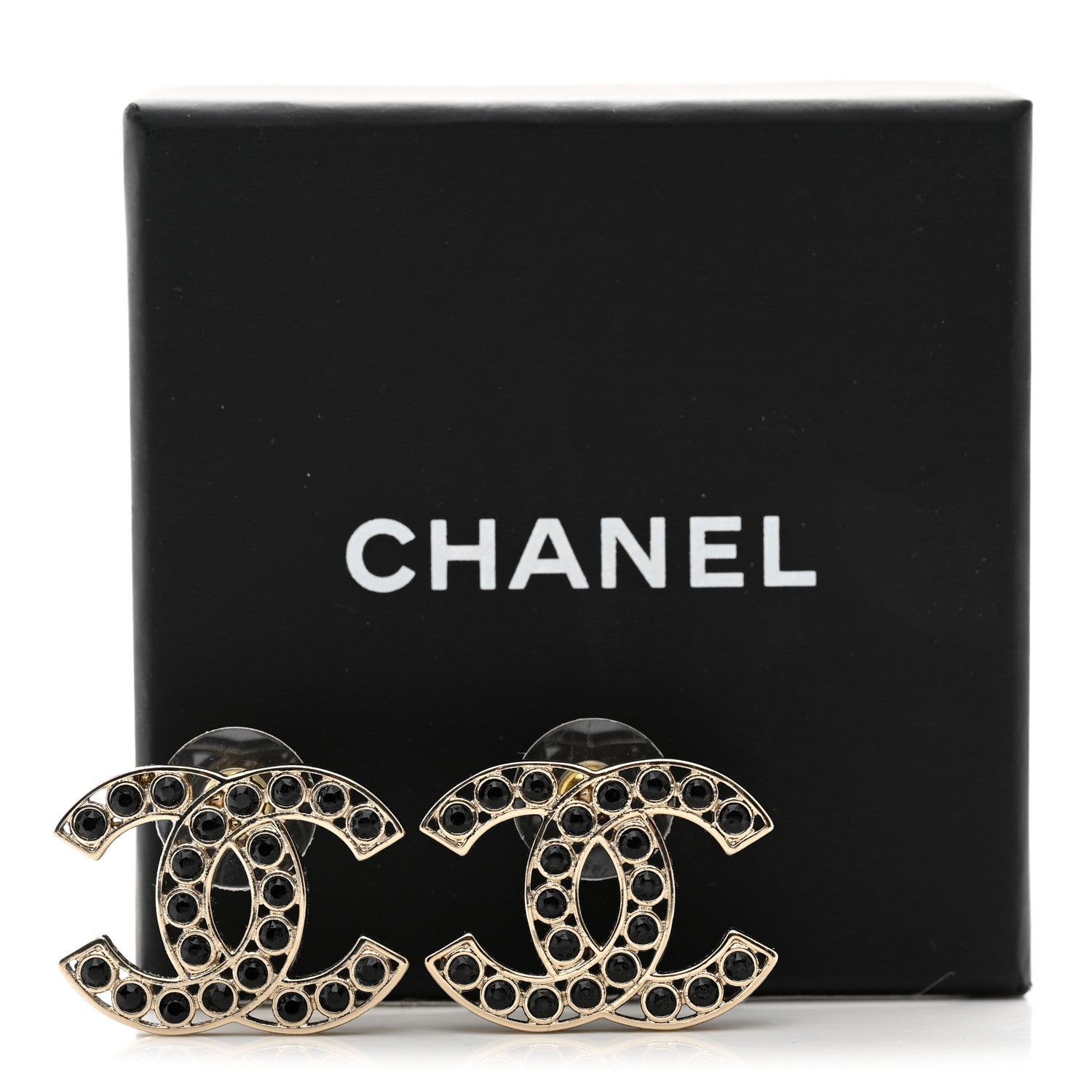 Chanel Large Strass Crystal CC Earrings Black Gold 5 of 5
