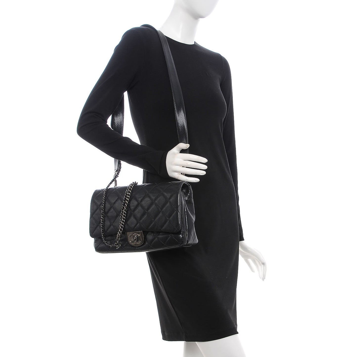 Shiny Goatskin Quilted Large Double Carry Waist Chain Flap Black