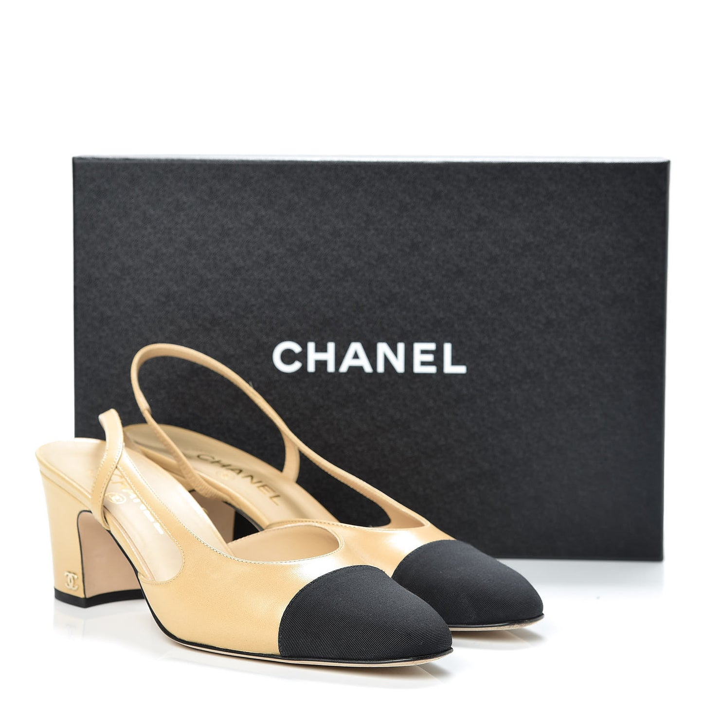 Goatskin Grosgrain Cap Toe CC Slingback Pumps 39.5 Beige Black