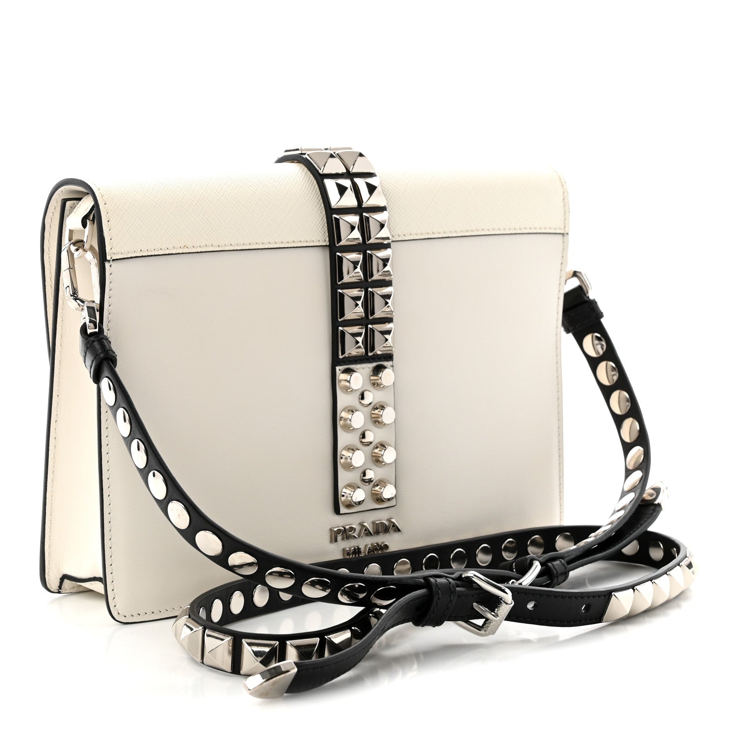 Prada Saffiano City Calfskin Studded Small Elektra Shoulder Bag White Black 3 of 9