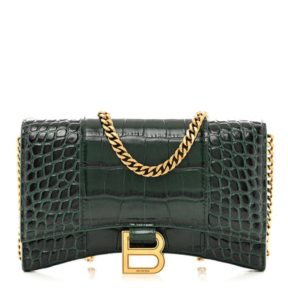 Balenciaga Shiny Calfskin Crocodile Embossed Hourglass Chain Bag Forest Green 1 of 10