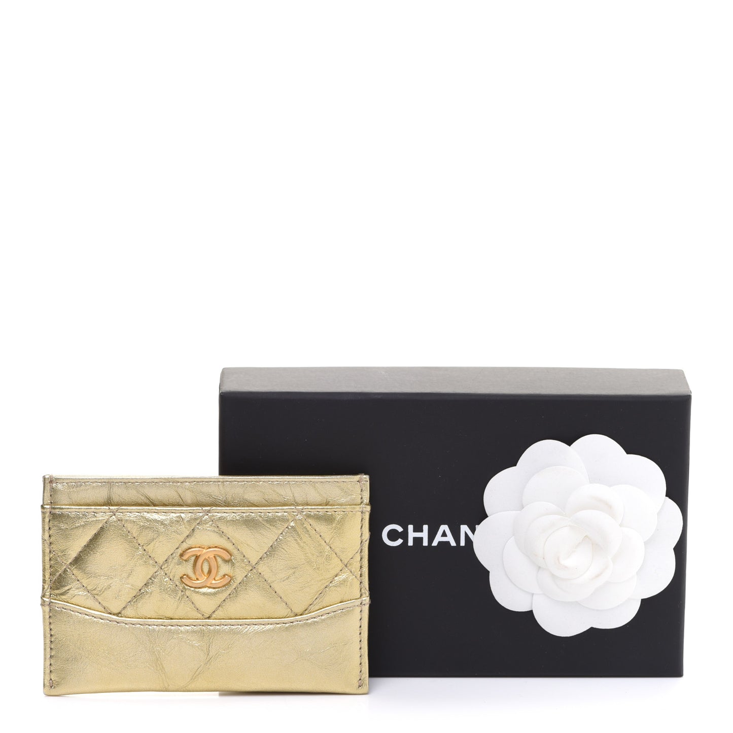 Metallic Aged Calfskin Quilted Gabrielle Card Holder Wallet Gold